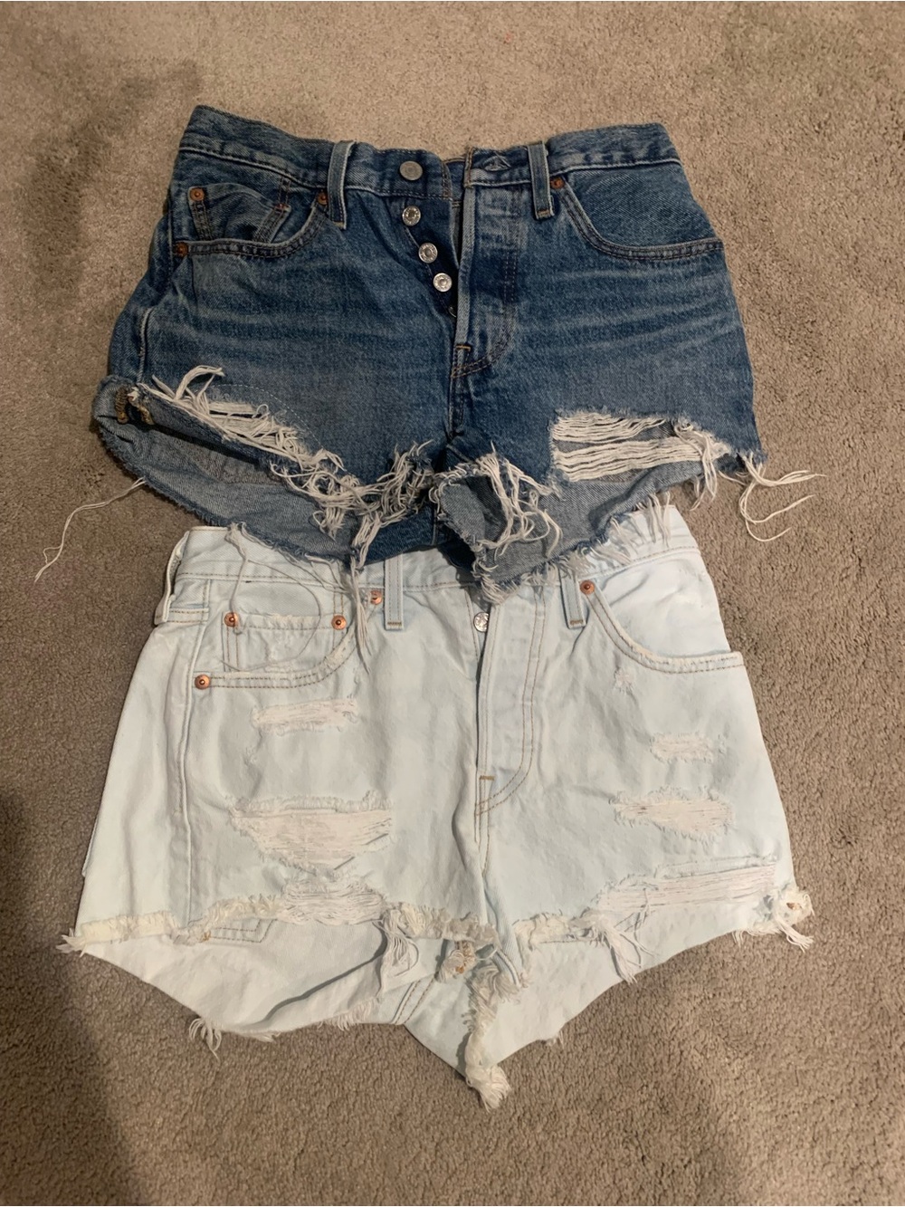 W26- Distressed High-Rise Denim Shorts - Dark Blue & Light Blue